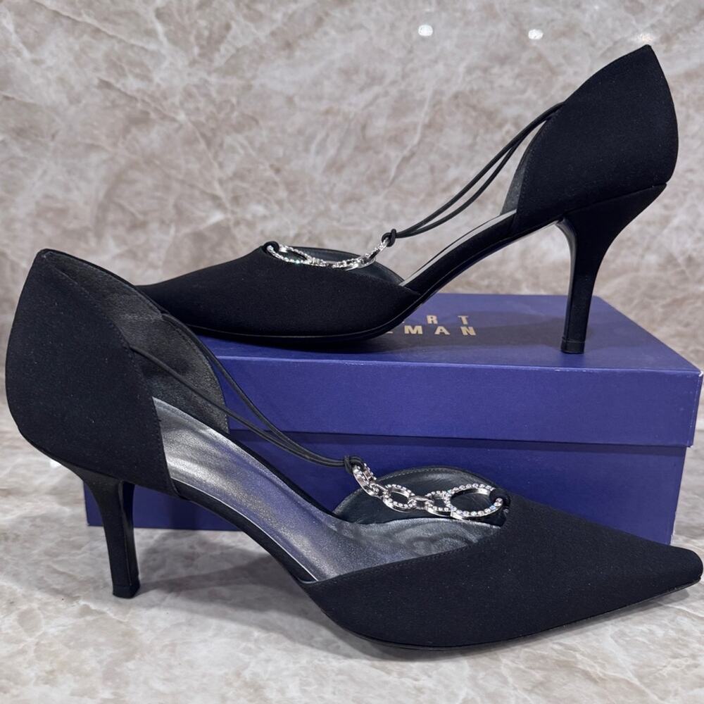 NWT Stuart Weitzman Black Dorsey Heels with crystal embellished T-strap - Picture 4 of 11